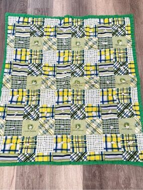 Handmade John Deere Plaid Patchwork Baby Quilt Green, Yellow, White, Blue